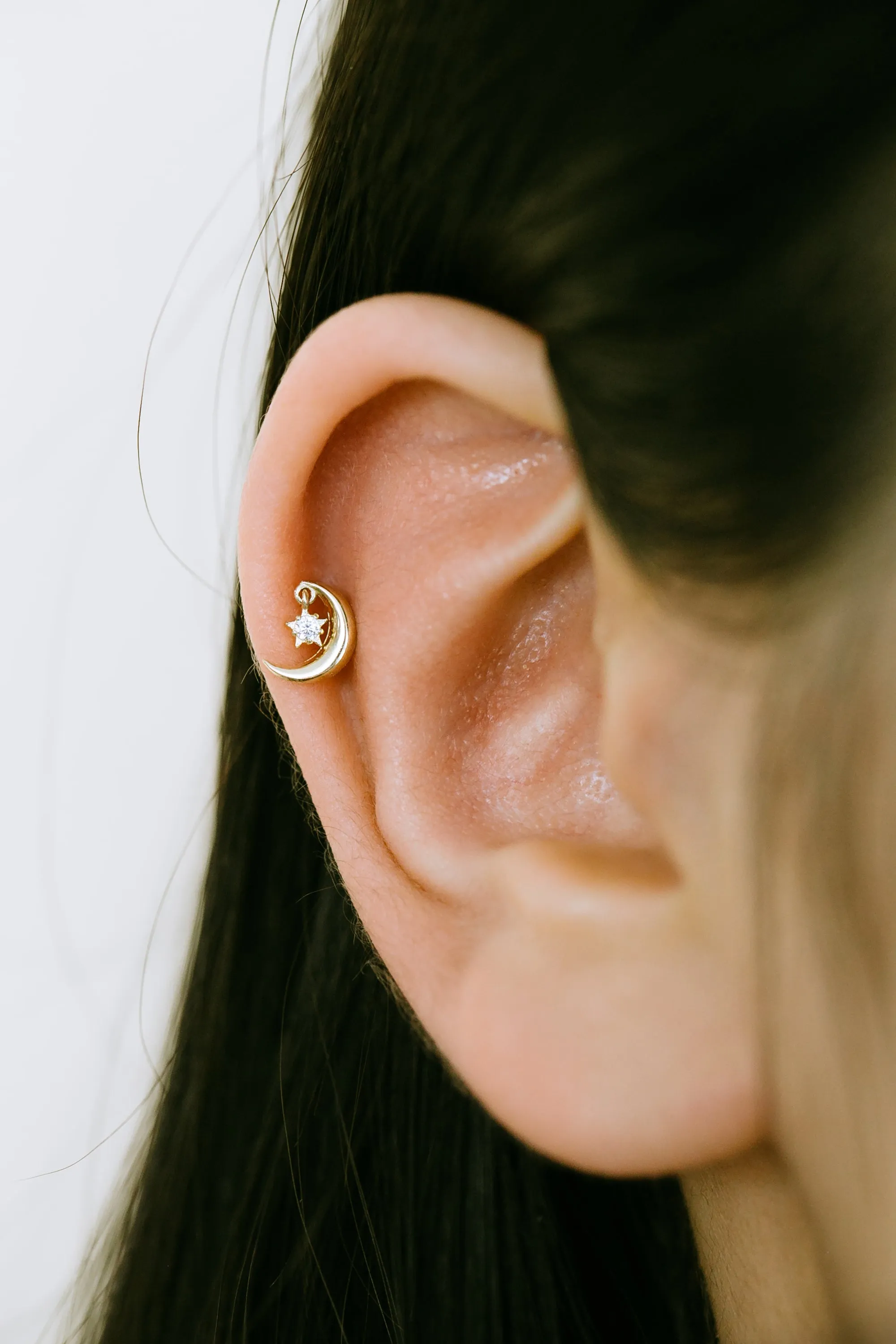 14K Real Gold Delicate Dangle Point Cz Half Crescent Moon Forward Helix Cartilage Tragus Inner Conch Ear Stud Post Internally Threaded Earring Labret Jewelry