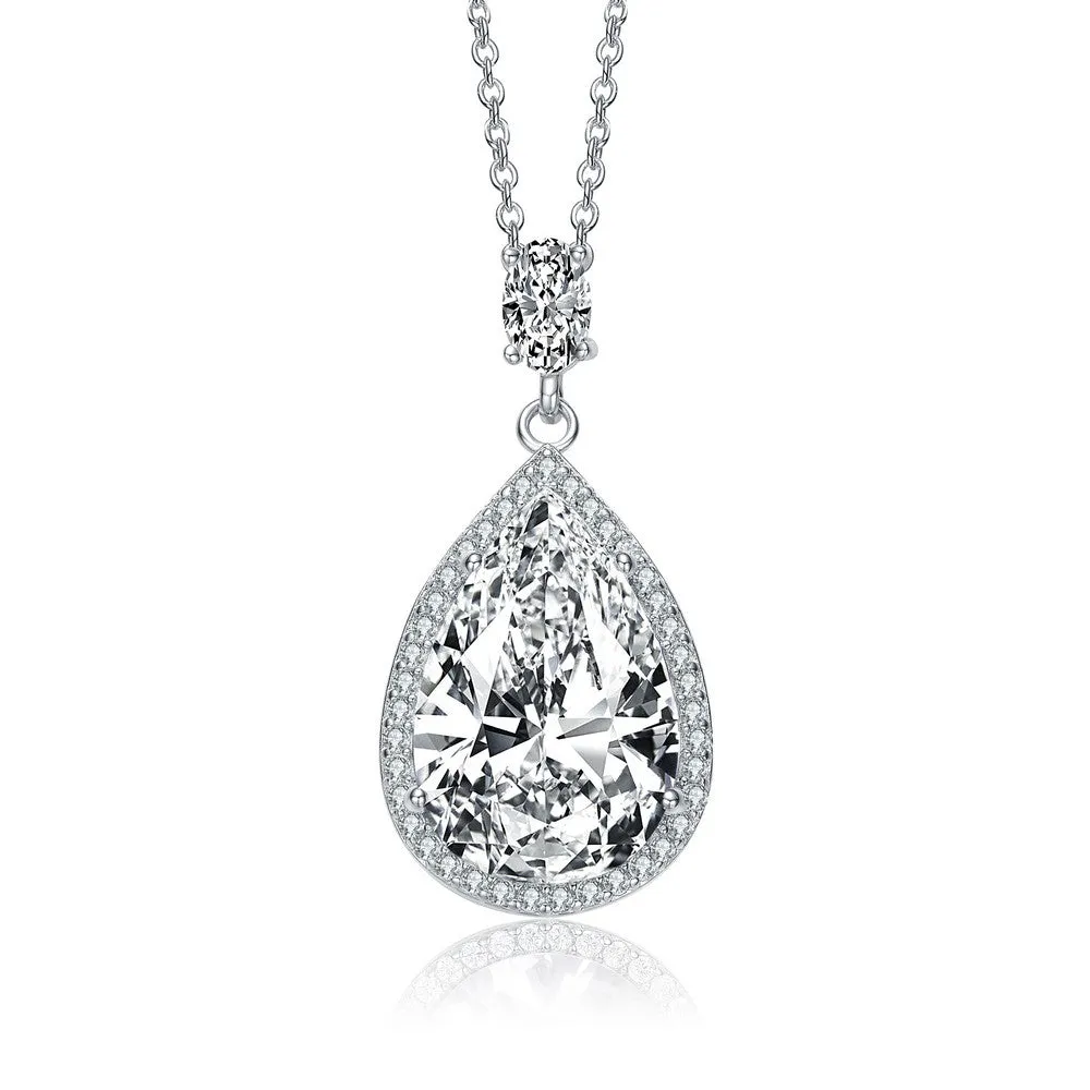 .925 Sterling Silver With Rhodium Plated Clear Pear With Oval And Round Cubic Zirconia Accent Drop Necklace