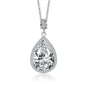 .925 Sterling Silver With Rhodium Plated Clear Pear With Oval And Round Cubic Zirconia Accent Drop Necklace