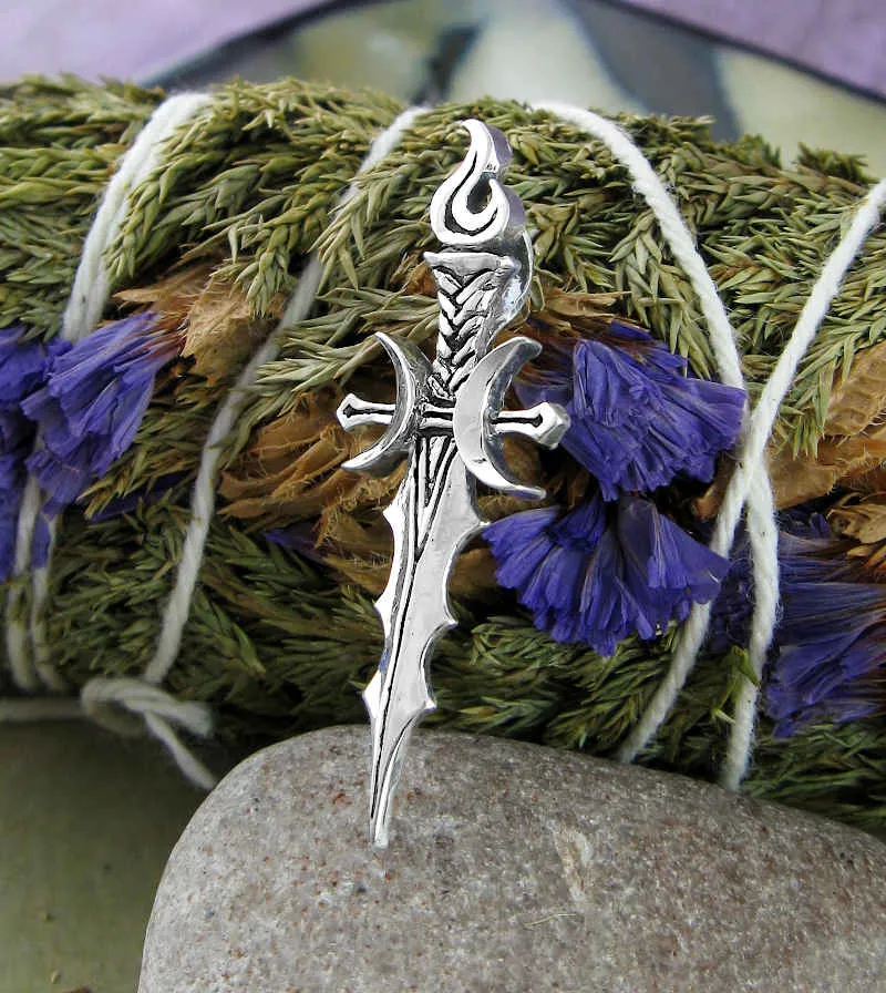 Athame Pendant With Crescent Moons and Flame, Handmade to Order - 2 Weeks