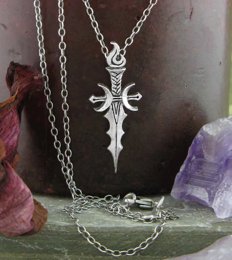 Athame Pendant With Crescent Moons and Flame, Handmade to Order - 2 Weeks