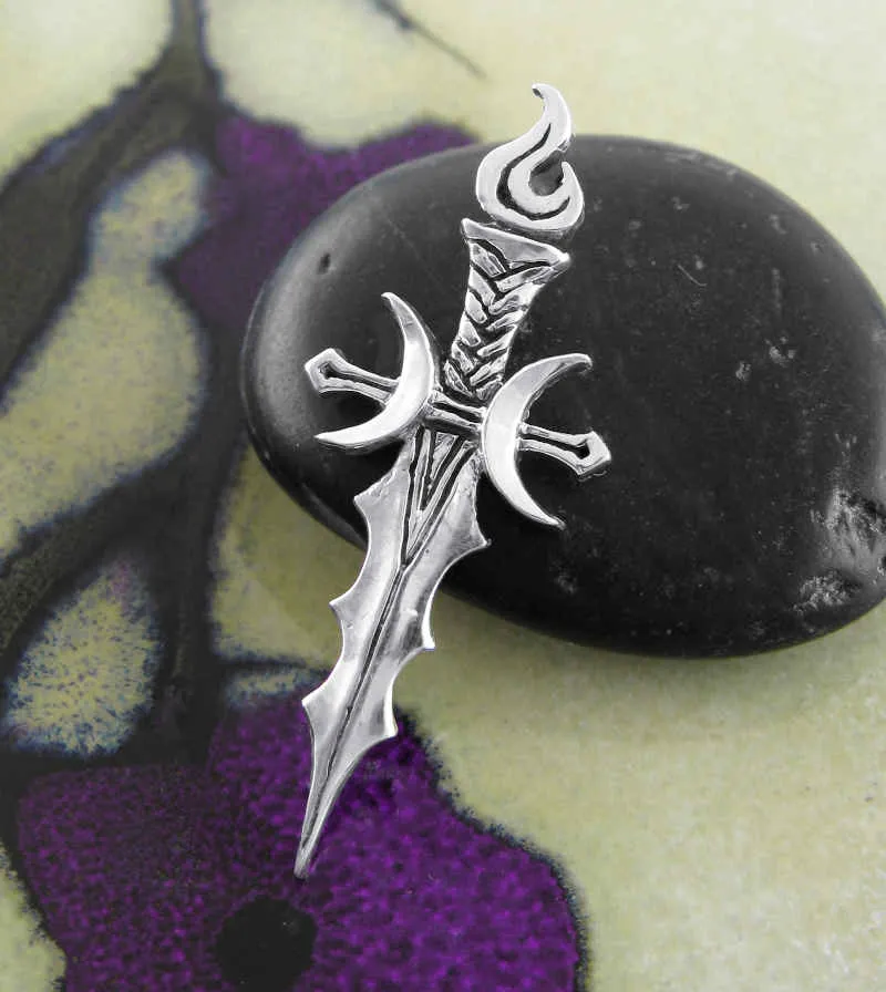 Athame Pendant With Crescent Moons and Flame, Handmade to Order - 2 Weeks