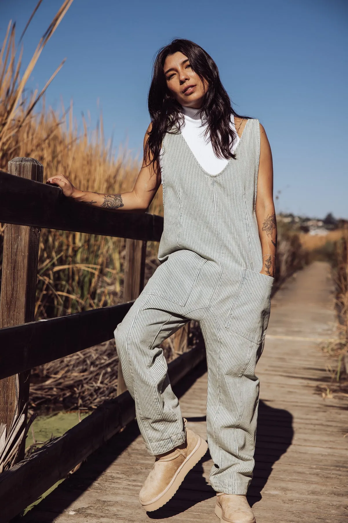 Free People High Roller Denim Jumpsuit - Stripe