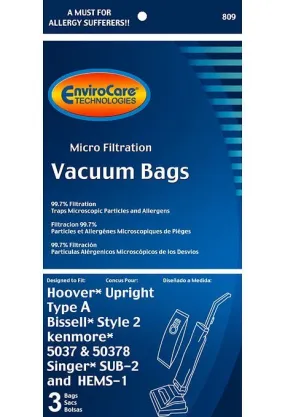 Hoover Type A Vacuum Bags - 3 Pack (EnviroCare 809)