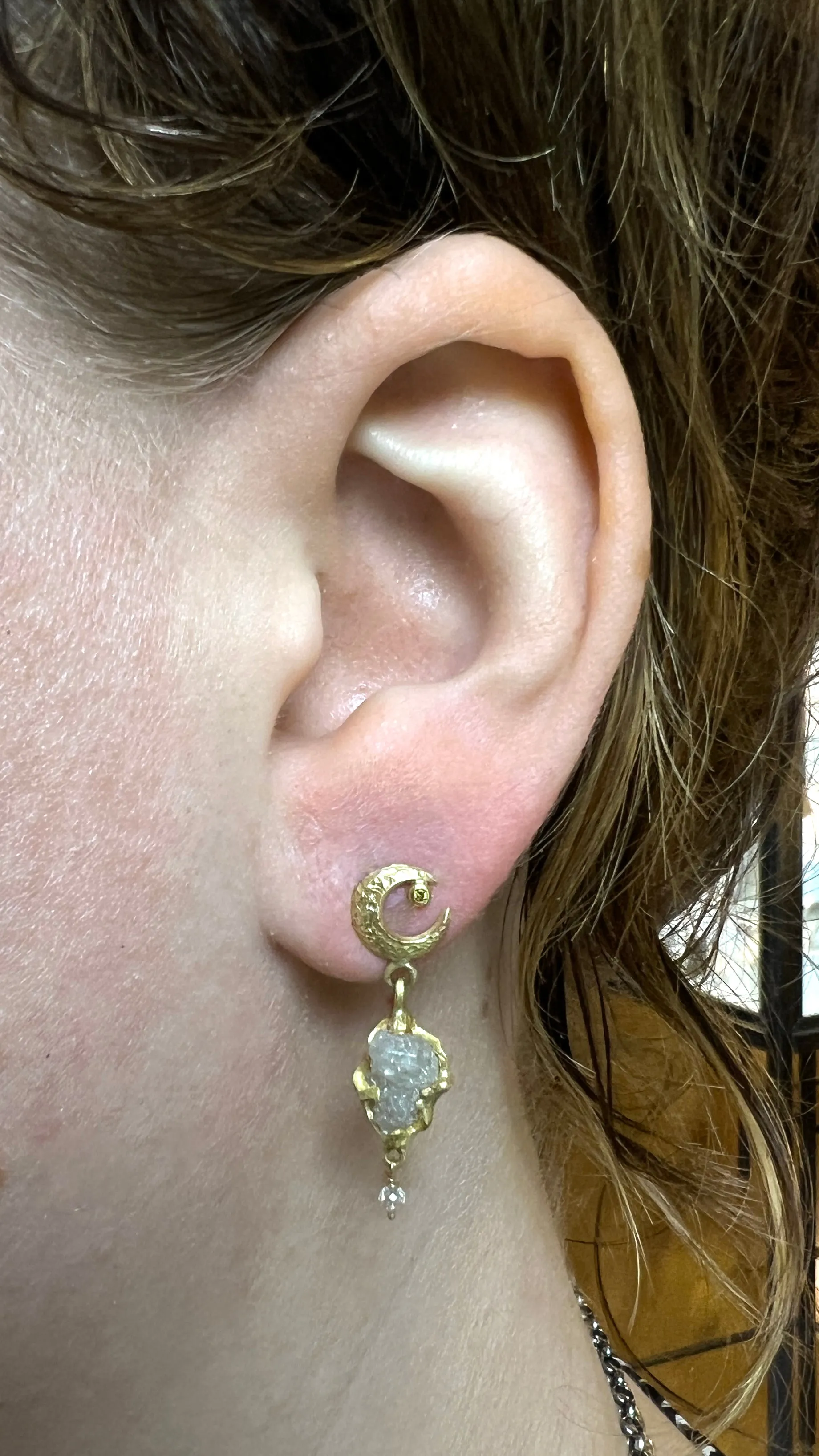 Raw Diamond Crescent Moon Drop Earrings