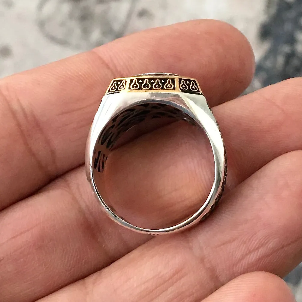 Sterling Silver Men's Turkish Biker Signet Ring Crescent Star Double Headed Eagle