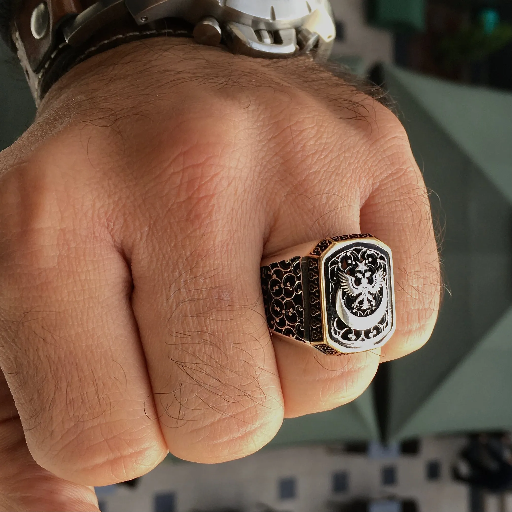 Sterling Silver Men's Turkish Biker Signet Ring Crescent Star Double Headed Eagle