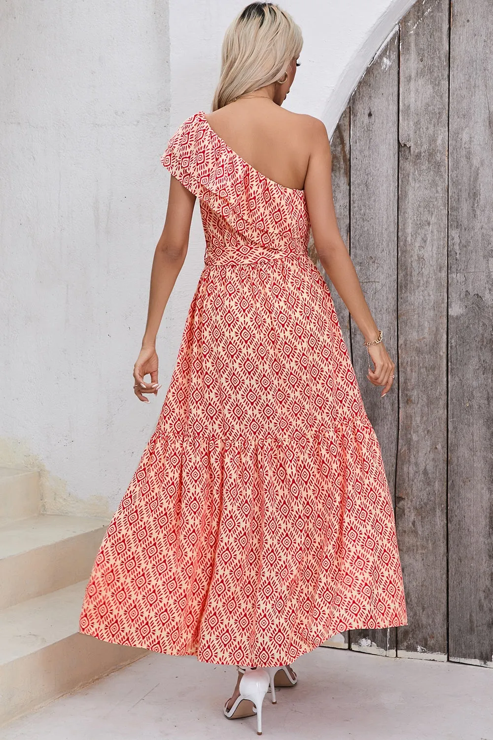 Sunset and Swim  Slit Printed Single Shoulder Tie Waist Dress